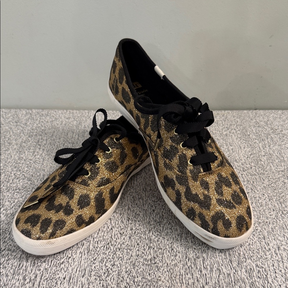 Kate Spade x Keds, Leopard Print Women's Sneakers, EUC Sz. 10, Gold/Blk/Glitter